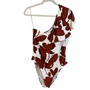 Mynah One Shoulder Ruffle Floral One Piece Swimsuit Brown White XL 28-82-199-A
